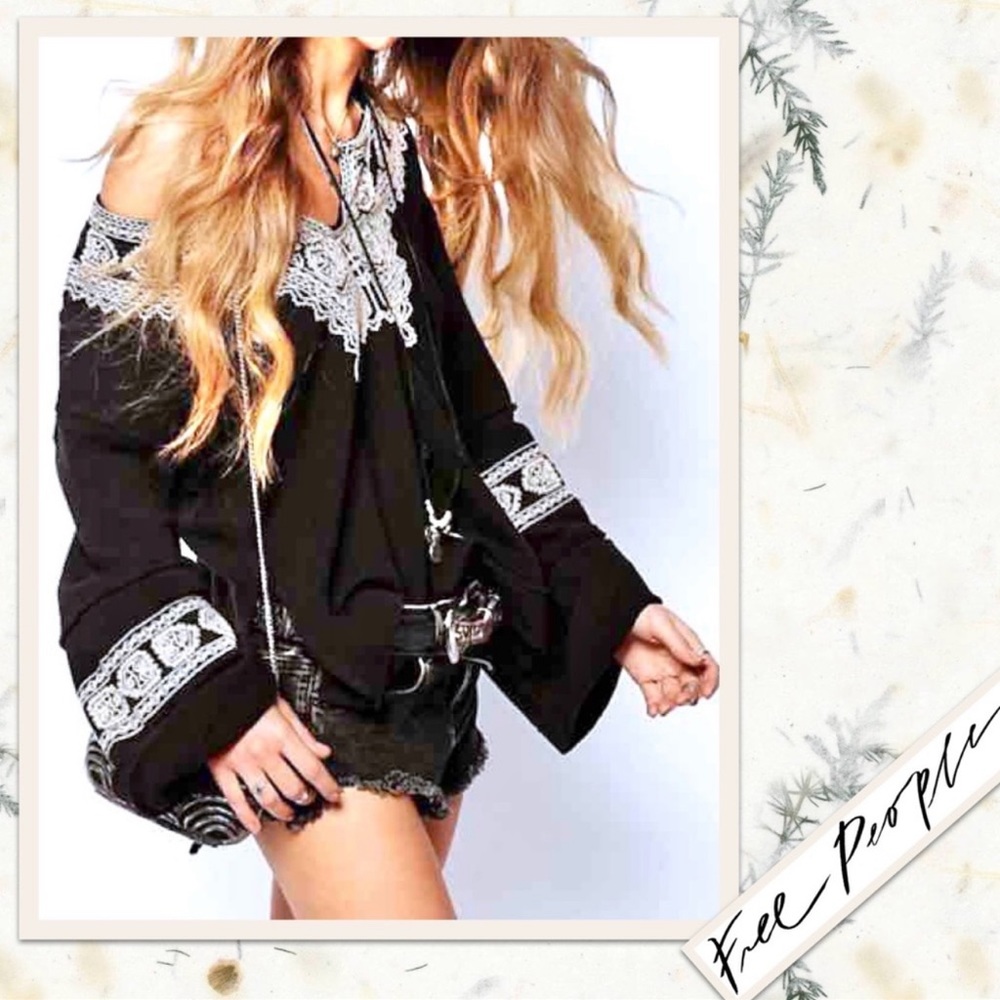 Free People NWT Santa Maria Embroidered Pullover in Black / Antique Combo (Cream